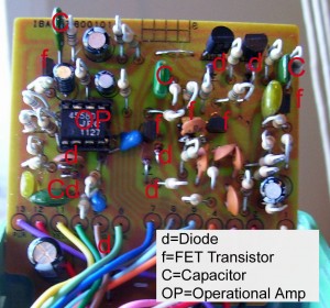 Reissue TS808 board showing areas of modification